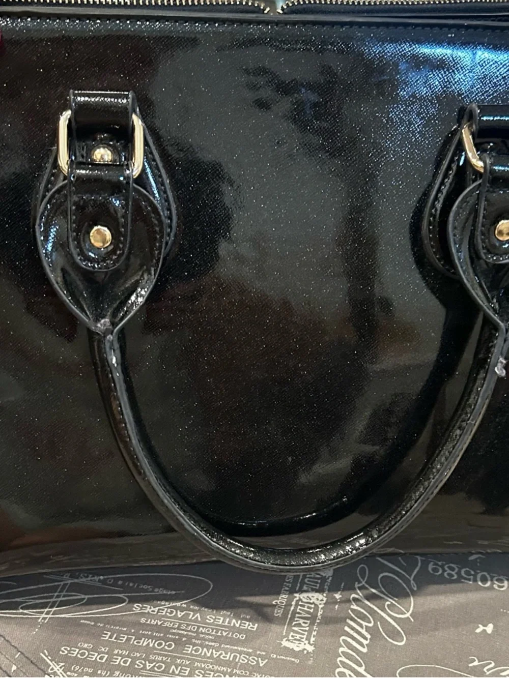 Michael Kors Black Patent Satchel with Gold Lock and Logo Medallion
